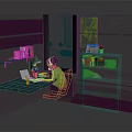 Game and Movie Character Working at Desk in Colorful Workspace with Books Computer and Stationery