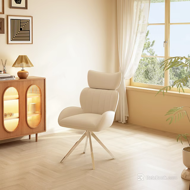 Modern Beige Upholstered Single Chair With Metal Legs Near Wooden Sideboard And Window 3d model 