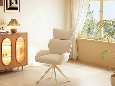 Modern Beige Upholstered Single Chair With Metal Legs Near Wooden Sideboard And Window 3d model