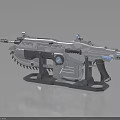 Futuristic Sci Fi Weapon Gun With Metallic Finish And Blue Accents On Display Stand