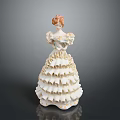 Porcelain Woman Figurine in Elegant White Ruffled Dress with Red Hair on Shiny Black Surface