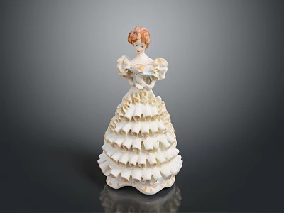 Porcelain Woman Figurine in Elegant White Ruffled Dress with Red Hair on Shiny Black Surface 3d model