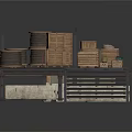 Wooden Cargo Platform With Wooden Crates Coiled Ropes Staircase and Sacks