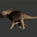 Adult and Juvenile Dinosaur Models in Brown and Beige Standing on Dark Reflective Surface