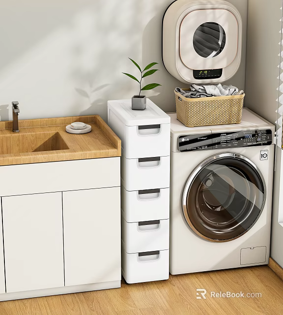 Elegant Washing Machine in Modern Laundry Room with White Drawer Cabinet Woven Basket and Small Plant 3d model 