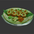 Appetizing Red Sushi Rolls With Tobiko Ginger Wasabi And Decorative Leaves On Plate