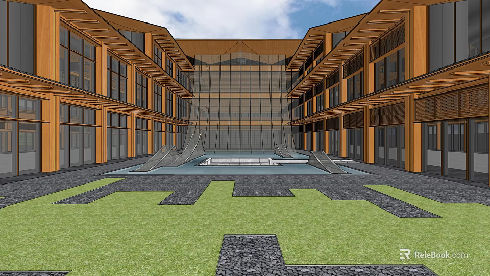 Chinese Style Courtyard Architecture Featuring Wooden Frames Glass Walls Water Feature And Stone Paths 3d model 