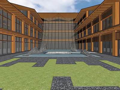 Chinese Style Courtyard Architecture Featuring Wooden Frames Glass Walls Water Feature And Stone Paths 3d model