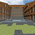 Chinese Style Courtyard Architecture Featuring Wooden Frames Glass Walls Water Feature And Stone Paths