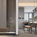 Modern Living And Dining Room Interior With Marble Accent Wall Fireplace And Gray Sofa