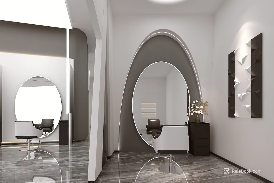 Modern Hair Beauty Salon Interior With Oval Mirrors Comfortable Chairs And Stylish Decor 3d model 