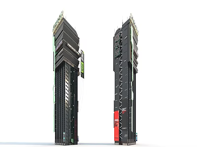 Cartoon Scene With Tall Black Towers Featuring Green Red Accents And Futuristic Design 3d model