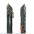 Cartoon Scene With Tall Black Towers Featuring Green Red Accents And Futuristic Design