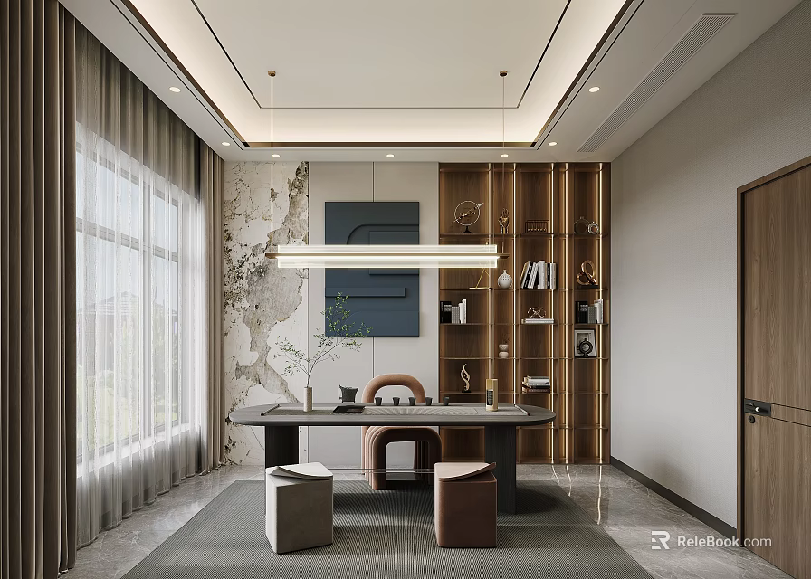 Modern Minimalist Tea Room Interior With Shelves And Table 3d model