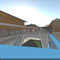 Traditional And Modern Commercial Street Along River With Scenic Urban Building Layout
