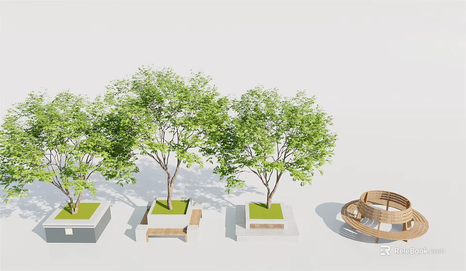 Modern Tree Planters With Three Trees Grass Topped And Wooden Circular Bench 3d model 
