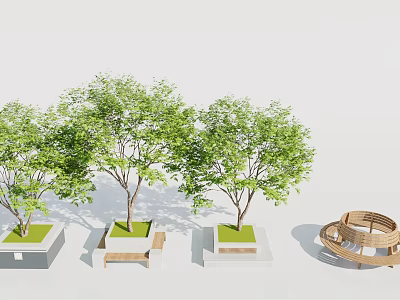 Modern Tree Planters With Three Trees Grass Topped And Wooden Circular Bench 3d model