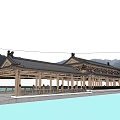 Traditional Chinese Style Landscape Bridge With Curved Eaves Over Water And Reflections