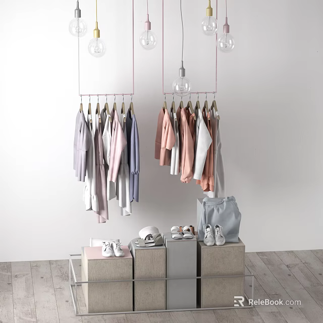 Minimalist Hangers Hold Pastel Clothes With Shoes And Bag On Wooden Display Stand 3d model 