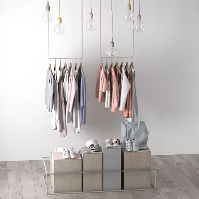 Minimalist Hangers Hold Pastel Clothes With Shoes And Bag On Wooden Display Stand 3d model