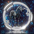 Futuristic Mechanical Horse Photo Spot With Neon Ring And Blue Red Lights Background