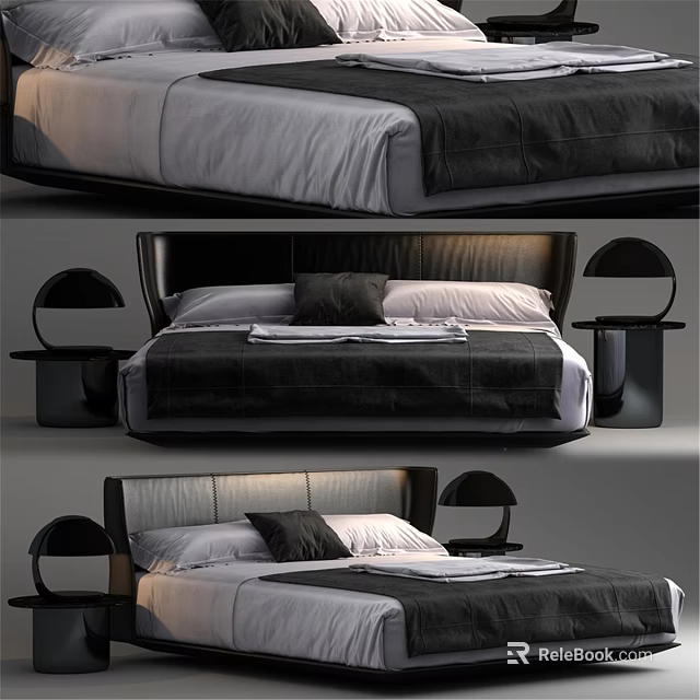 Modern Double Bed With Upholstered Headboard Soft Bedding And Table Lamps 3d model 