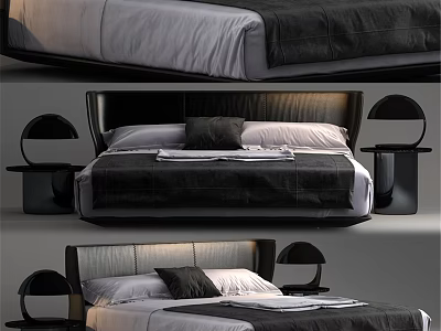 Modern Double Bed With Upholstered Headboard Soft Bedding And Table Lamps 3d model