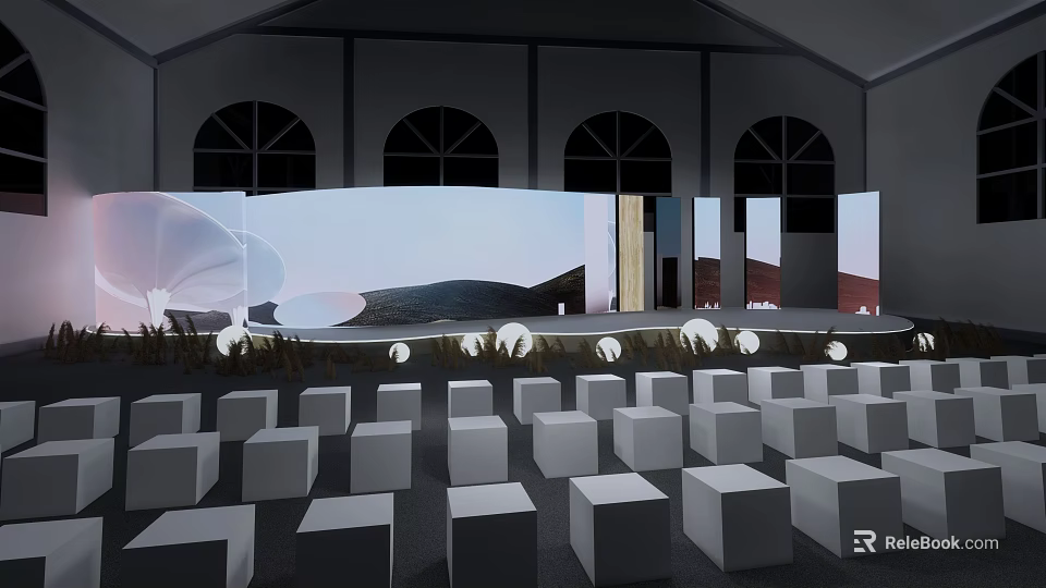 Modern Indoor Stage Featuring White Cube Seats Background Screens Landscape Abstract Patterns And Arched Windows 3d model