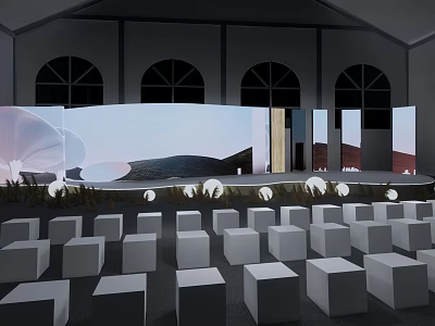 Modern Indoor Stage Featuring White Cube Seats Background Screens Landscape Abstract Patterns And Arched Windows 3d model