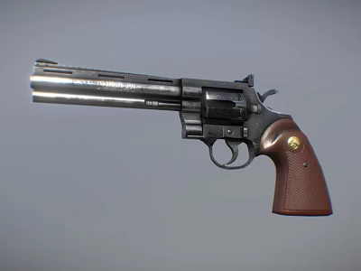 Close Up View Of Classic Revolver With Brown Grip And Metal Barrel 3d model