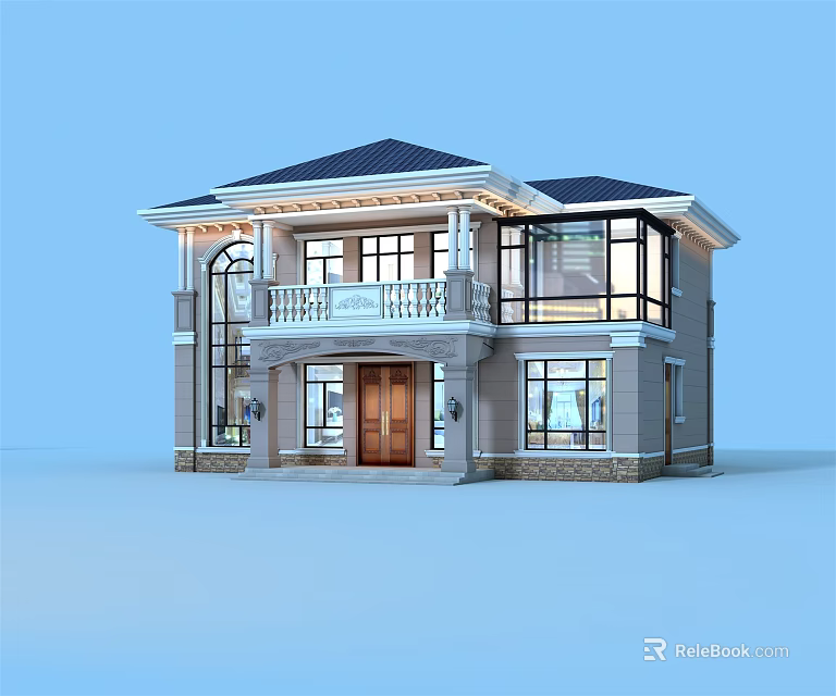 Elegant Two Story Detached Villa With Large Windows Balcony And Dark Roof 3d model 
