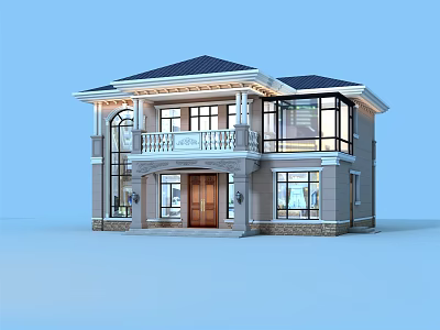 Elegant Two Story Detached Villa With Large Windows Balcony And Dark Roof 3d model