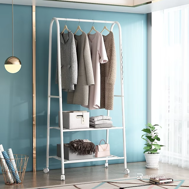 White Clothes Rack With Hanging Clothes Storage Shelves Organizer Box Folded Towels And Pink Handbag 3d model 