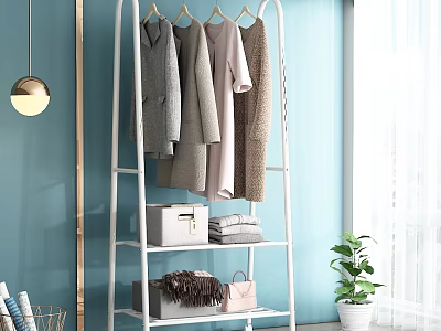 White Clothes Rack With Hanging Clothes Storage Shelves Organizer Box Folded Towels And Pink Handbag 3d model