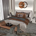 Modern Elegant Double Bed Bedroom Interior With Upholstered Headboard Multiple Pillows And Table Lamps 3d model