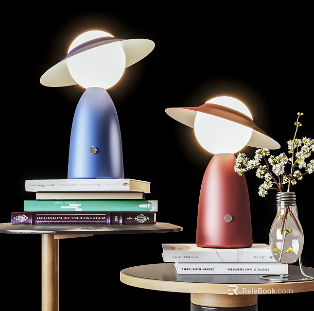 Stylish Blue And Red Table Lamps With Books And Flower Vase On Tables 3d model 