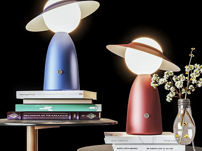 Stylish Blue And Red Table Lamps With Books And Flower Vase On Tables 3d model