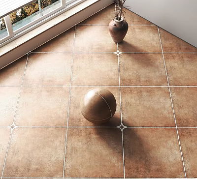 Brown Tile Floor With White Grout Lines Decorative Sphere And Vase In Indoor Space 3d model