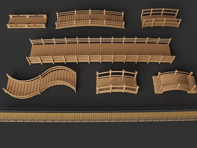 Wooden Landscape Bridge With Various Curved Straight Designs And Railings In Different Shapes 3d model