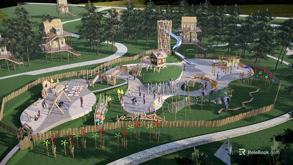Children's Playground With Wooden Play Structures Slides Climbing Equipment And Green Lawn 3d model 