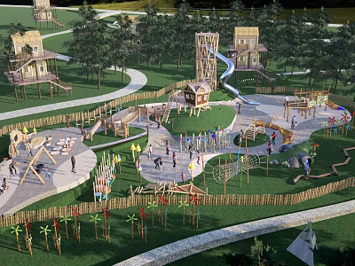 Children's Playground With Wooden Play Structures Slides Climbing Equipment And Green Lawn 3d model