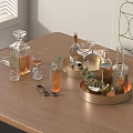 Elegant Wine Bottles And Glasses On Wooden Table With Gold Trays Greenery And Cocktails