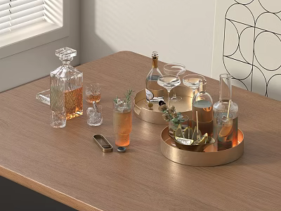 Elegant Wine Bottles And Glasses On Wooden Table With Gold Trays Greenery And Cocktails 3d model