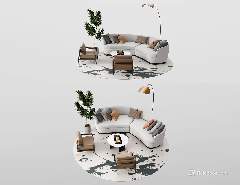 Modern Curved Sofa And Coffee Table Set With Accent Chairs Floor Lamp And Potted Plant 3d model 