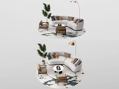 Modern Curved Sofa And Coffee Table Set With Accent Chairs Floor Lamp And Potted Plant 3d model