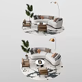 Modern Curved Sofa And Coffee Table Set With Accent Chairs Floor Lamp And Potted Plant
