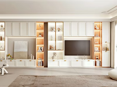 Modern White TV Wall Unit With Storage Cabinets LED Lighting And Display Shelves 3d model