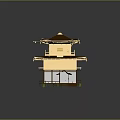Cartoon Scene Of Traditional Japanese Two Story Pavilion With Golden Roof Wooden Structure And Lit Windows