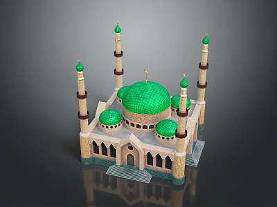 Islamic Mosque 3D Model With Green Dome Small Domes And Minarets 3d model