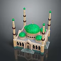Islamic Mosque 3D Model With Green Dome Small Domes And Minarets 3d model